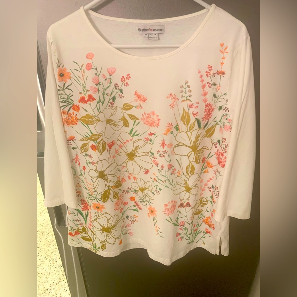 Floral 100% Cotton Atlas for Women 3/4 Sleeve T US 16 Casual Cottage Core Artsy